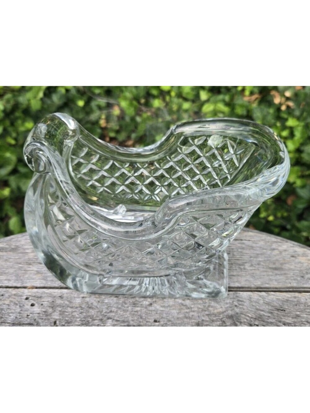 Vintage Christmas Lead Crystal Clear Glass Santa Sleigh Candy Dish Heavy 6.5X4"